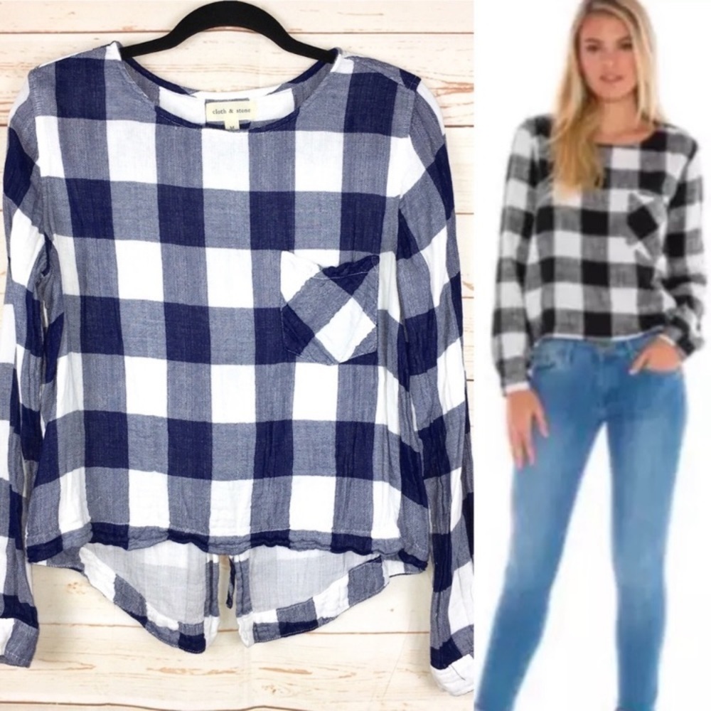 cloth & stone Plaid Lace Up Back Gingham Top Sz M‎